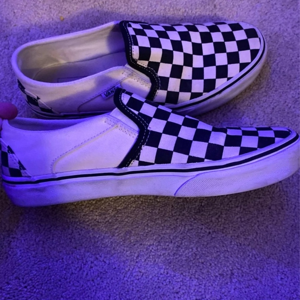checkered vans slip on, black and white, size 7.5